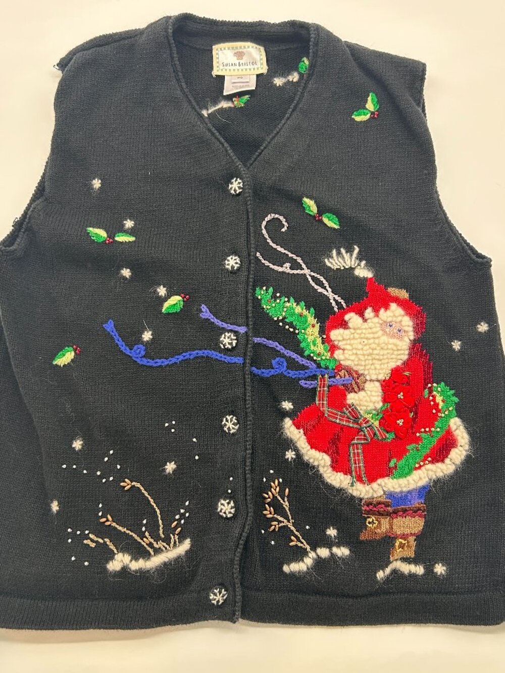 Vintage Susan Bristol 1998 Christmas‎ Sweater Black Hand Embroidered Ugly Vest